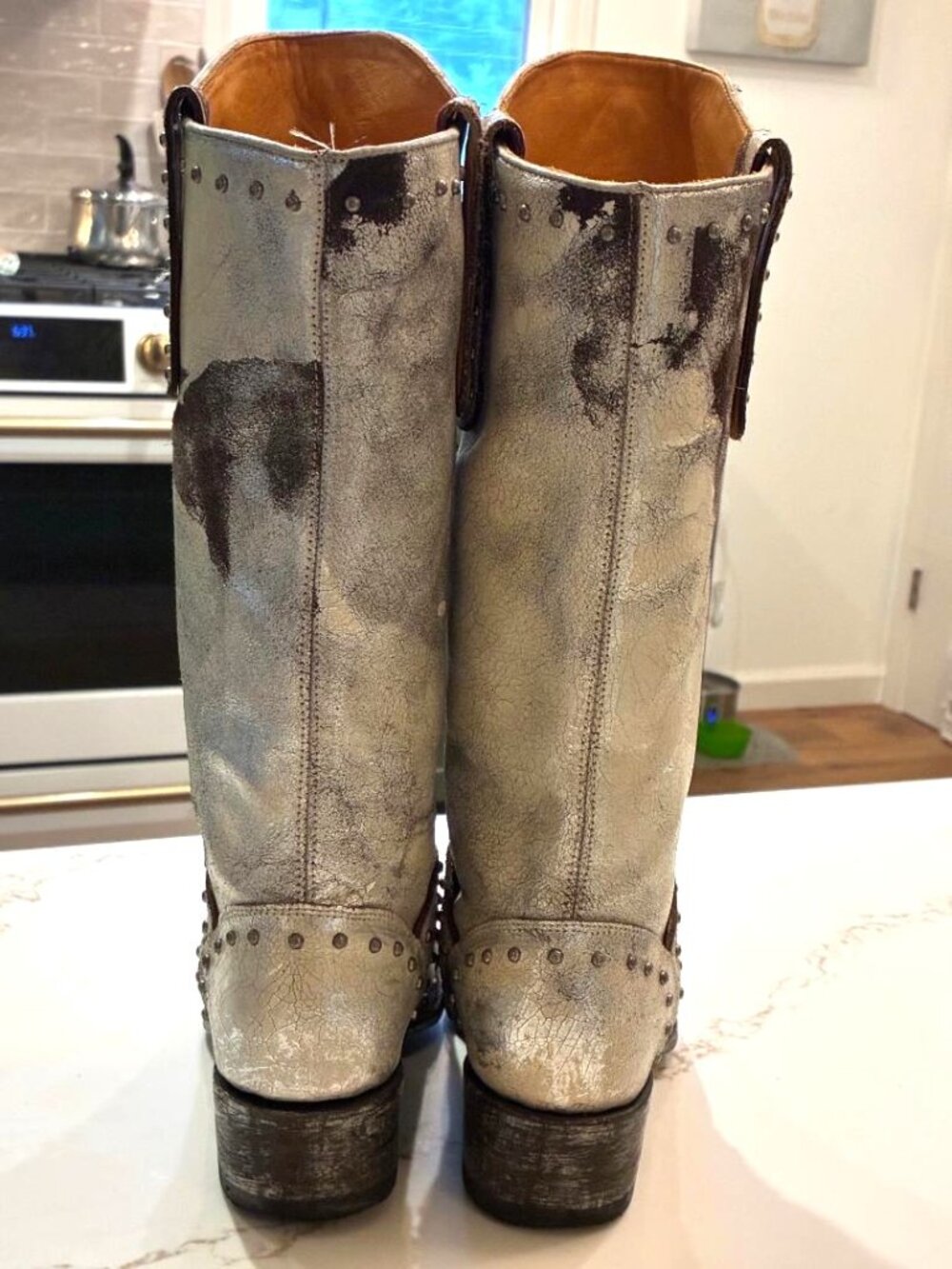 Old Gringo Tall Western SnipToe Boots 6B Silver Brown Studded Cross Embroidered - Picture 8 of 15
